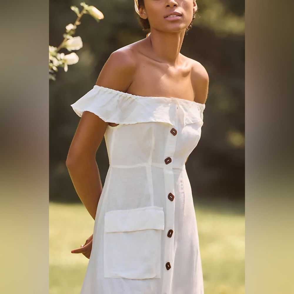 By Anthropologie Off-The-Shoulder Linen Blend Midi Dress, Size 10
